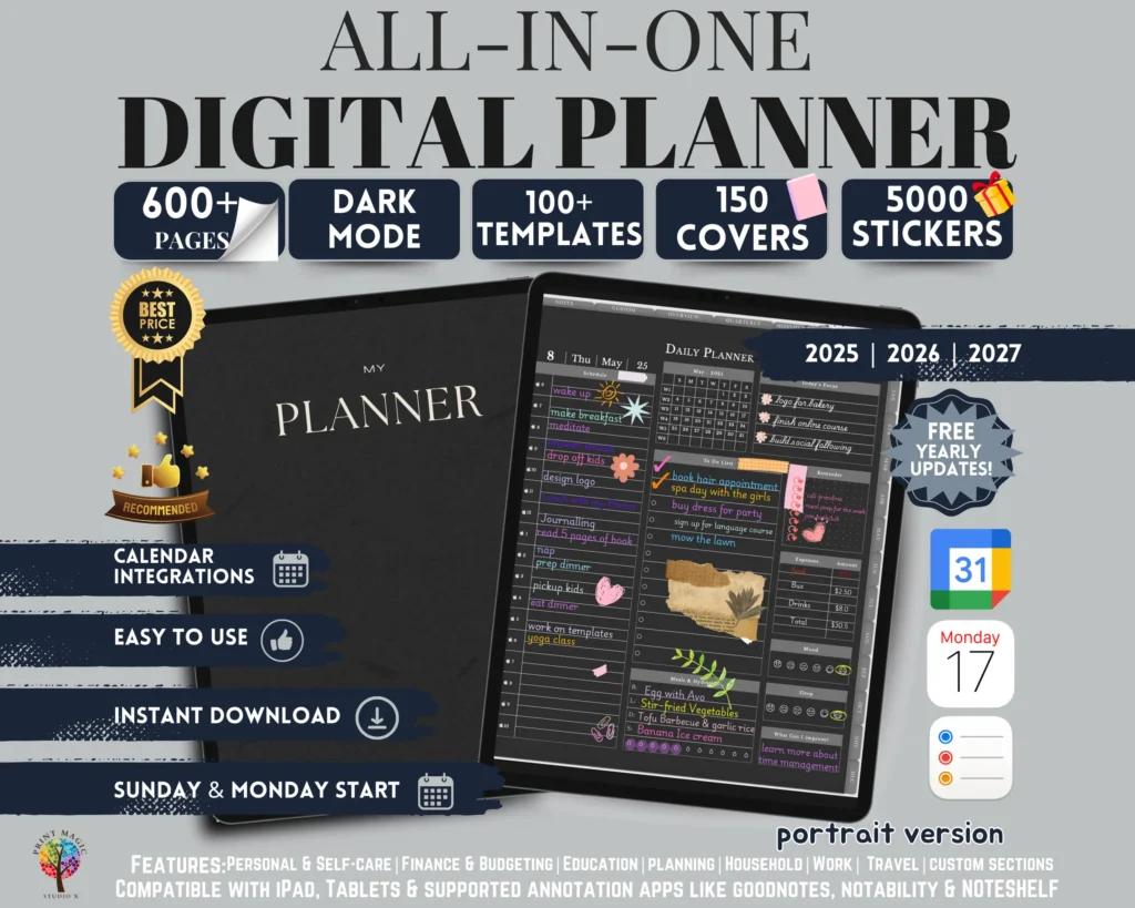 Digital Planner Dark Mode Theme Portrait